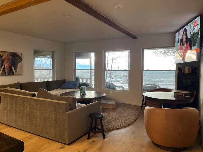 Living Room Area with Lakefront Views | Angola on the Lake Beach House
